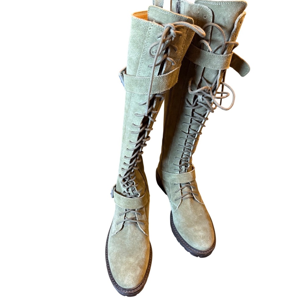 Utility Lucky Brand Inniko Boots W 7.5 Green Suede Lace Up Tall Buckle Combat